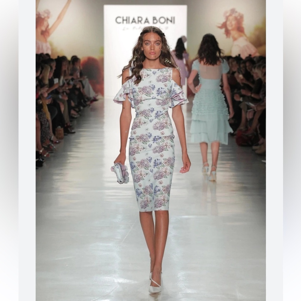 Chiara Boni Robe Floral Cold-Shoulder Ruffle Cocktail Midi Dress Size 8